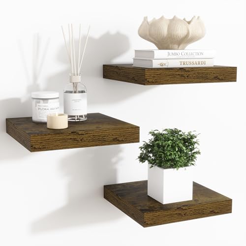 Fun Memories Floating Shelves for Wall - 7.5 Inch Square Shelves with Invisible Brackets, Small Wall Shelf for Living Room, Bathroom, Bedroom, and Kitchen Decor Brown Set of 3 - color: Brown, size: 7.5"L x 7.5"D