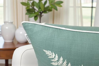 Rudransha Botanical Fern Leaf Embroidery Lumbar Pillow Cover - 14x24 Light Teal Cotton - color: Light Teal-ferny, size: 24" x 14" (Pack of 1)