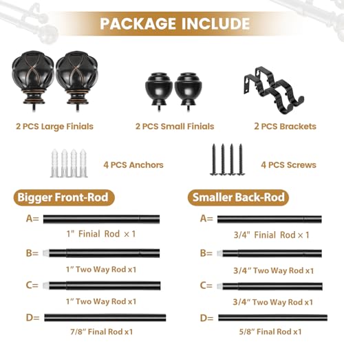 KAMANINA Double Curtain Rod 32 to 58 Inch, Adjustable Drapery Rods, Black - color: Black, size: 32-58"