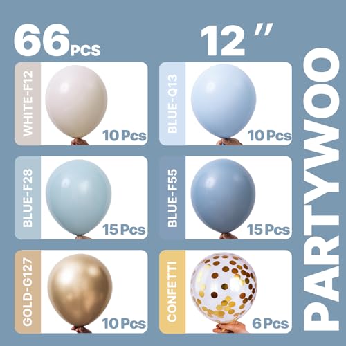 PartyWoo Dusty Blue Balloons 66pcs 12 Inch Slate Blue White Gold Balloons - color: Blue-3321