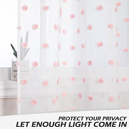 MYSKY HOME Pink Pom Pom Sheer Curtains for Girls Bedroom 54 Inch 2 Panels - color: Pink Pom Pom, size: 50"W x 54"L (Pack of 2)