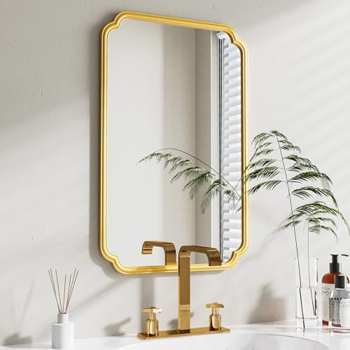 Ferytange 22x34 Inch Gold Bathroom Mirror, Metal Framed Wall Mirror with Rounded Edges, Rustproof Horizontal Vertical Hanging for Vanity Over Sink - color: Gold, size: 34"L x 22"W
