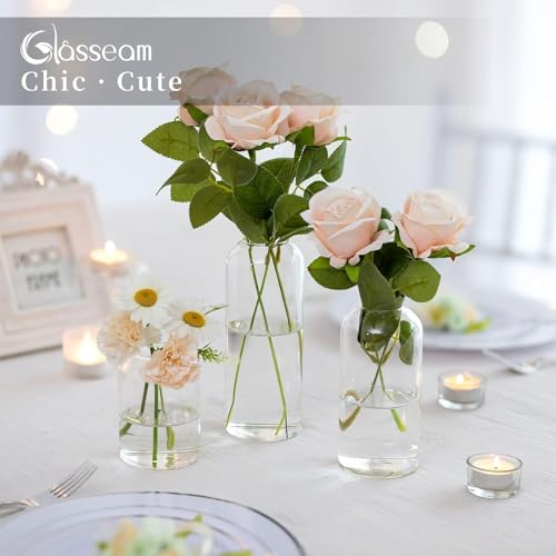 Glasseam Glass Bud Vases for Centerpieces, 3Pcs Modern Clear Small Vase Set - color: Clear