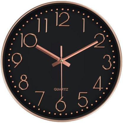 Silent Wall Clocks Battery Operated 8 Inch, Analog Wall Clock with Oversized Number Tempered Glass Clock Face, Non Ticking Wall Clocks for Living Room Bedroom Kitchen Office, Black Rose Gold - color: Black Rose Gold, size: 8 Inch