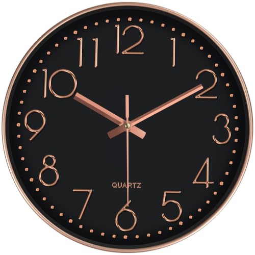 Modern Silent Wall Clock - 12 Inch Wall Clocks Battery Operated Large Number, Non-Ticking Analog Clock with Tempered Glass Quartz Clocks for Living Room Bedroom Office Kitchen, Black Rose Gold - color: Black Rose Gold, size: 12 Inch