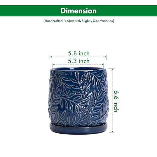 D'vine Dev Embossed Leaves Ceramic Planter, 6 in, Midnight Blue, 27-A-X-3 - color: Midnight Blue, size: 6 Inch