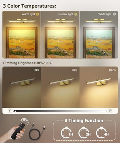15.75 Inch Gold Picture Light Battery Operated with Remote - color: Gold, size: 15.75 In