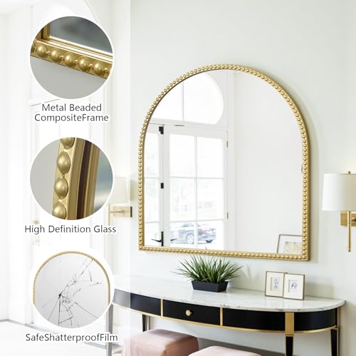 33"x 31"Arched Dresser Mirror, Antique Gold Wall Mirror Metal Beaded Frame for Living Room, Bedroom, Entryway, Bathroom
