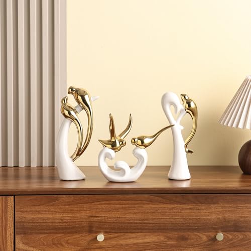 Ceramic Statues Set of 3, Birds and Base Sculpture Modern Home Decor - color: White and Gold