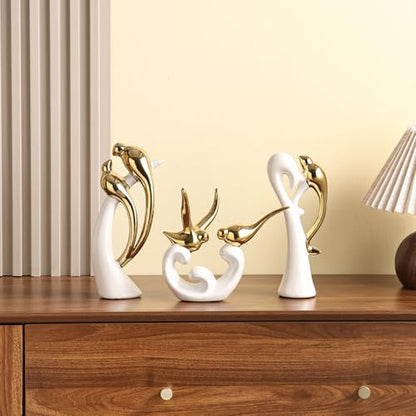 Ceramic Statues Set of 3, Birds and Base Sculpture Modern Home Decor - color: White and Gold