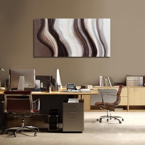 Hue7Art Modern Abstract Flowing Line Canvas Wall Art Living Room 24x48 - color: Brown and Cream, size: 24x48