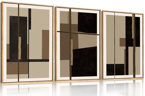 Celestdeco Abstract Black Brown Shapes Framed Canvas Wall Art Set-24"x36"x3 - color: Black Shapes Wall Art, size: 24"L x 36"W