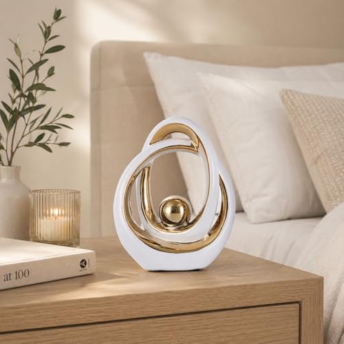 White and Gold Ceramic Abstract Sculpture for Home Decor, Modern Loop Art Tabletop Decorative Object for Entryway Table, TV Stand, Mantel, Coffee Table Centerpiece