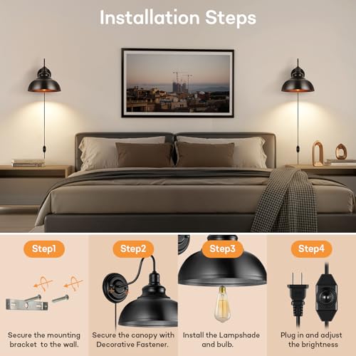 Lightess Plug in Wall Sconce with Dimmable Switch Black Barn Wall Lamp - color: Black with Plug-in Cord
