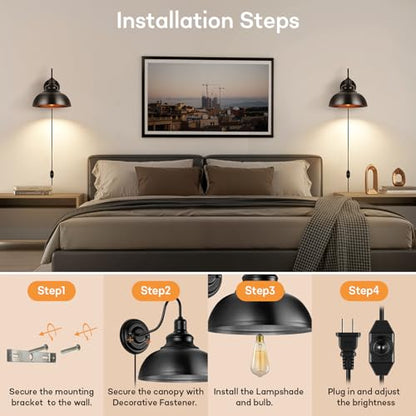 Lightess Plug in Wall Sconce with Dimmable Switch Black Barn Wall Lamp - color: Black with Plug-in Cord