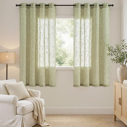 jinchan Green Leaf Voile Embroidered Curtains 63 Inch Grommet Top 2 Panels - color: Vine Grommet Green, size: 55"W x 63"L (Pack of 2)