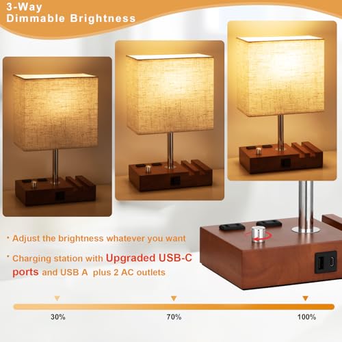 Brown Wood Grain Bedside Lamp - Stepless Dimmable, USB C+A, 2 AC Outlets - color: Brown Wood Grain with Knob Switch, size: 1 Pack