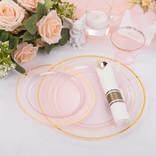 WELLIFE 350Pcs Clear-Pink Plastic Dinnerware- Pink and Gold Plastic Dinnerware include 50 Dinner Plates, 50 Dessert Plates, 150 Gold Silverware, 50 Cups and 50 Napkins Perfect for Parties - color: Clear Pink and Gold, style: 350PCS（50 Guests）