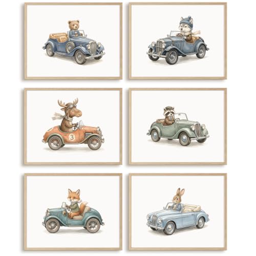 Nursery Animal Car Wall Art Decor Baby Boy Room Poster Retro Vehicle Prints - color: Car Animals Prints, size: 8x10 Inch No Frame