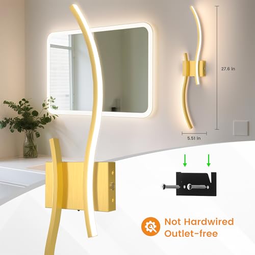 VOLISUN Battery Operated Wall Sconces Set of Two, 27.6 inch Wireless Wall Sconces, 3000K-6500K Dimmable Wall Lamps with Remote, Rechargeable Gold Wall Lights for Living Room, Hallway, Bedroom - color: Gold, size: 27.6 INCH