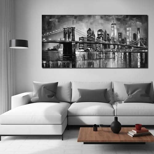MDHKVPM Brooklyn Bridge Canvas Wall Art For Living Room Large Size - color: Black and White, size: 58"L x 29"W