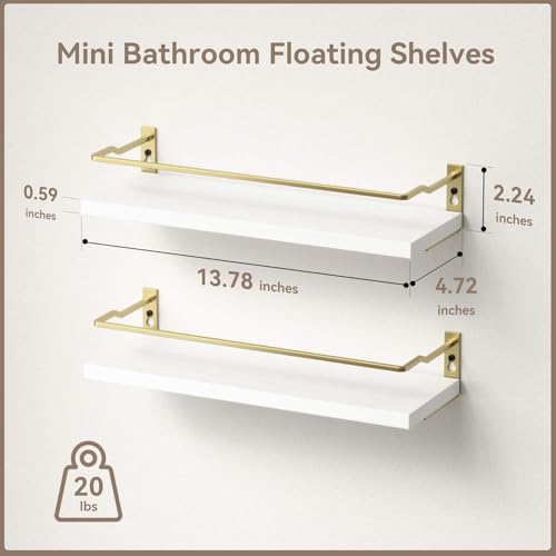 RICHER HOUSE Floating Shelves Bathroom, Small Wall Shelf Over Toilet 2 Set - color: White & Gold