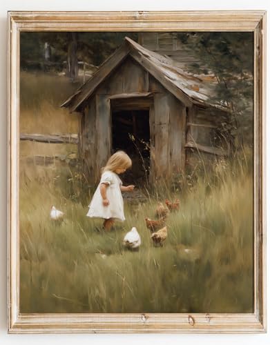 Kizbok Vintage Wall Art Decor, Rustic Farm Girl & Chickens Canvas Prints, Farmhouse Cottagecore Wall Decor for Gallery Bedroom Bathroom Office Home Decor(8" x 10"-UNFRAMED) - color: Farm Girl & Chickens, size: 10"L x 8"W