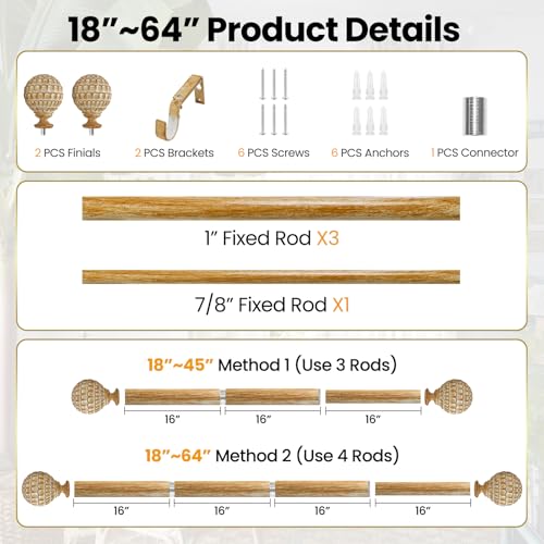 Ycolnaefllr 2Pack Wood Pinecone Curtain Rod, Farmhouse Heavy Duty, 18-64" - color: Wood, size: 18-64"(2 Pack)