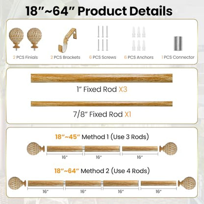 Ycolnaefllr 2Pack Wood Pinecone Curtain Rod, Farmhouse Heavy Duty, 18-64" - color: Wood, size: 18-64"(2 Pack)