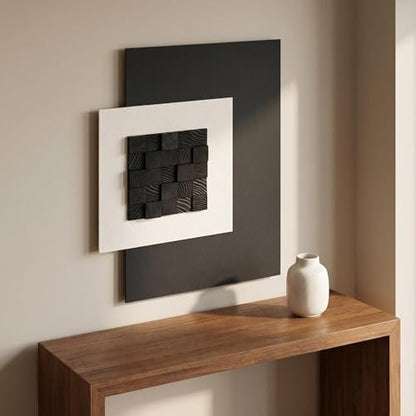 AMAATE 3D Textured Black Wood Geometric Relief Sandstone Framed Wall Art - color: black square