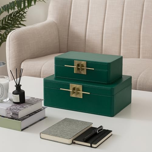 Soul & Lane - Faux Leather Boxes with Lids, Set of 2, Emerald Green