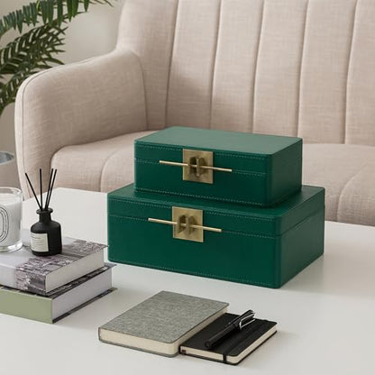Soul & Lane - Faux Leather Boxes with Lids, Set of 2, Emerald Green