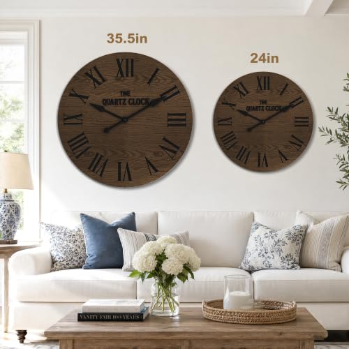 ARTPOWER 35.5" Extra Large Farmhouse Wall Clock,Solid Wood Veneer,Brown - color: Brown, size: 35.5"W x 35.5"H