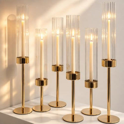 Gold Hurricane Taper Candle Holders,2 Sets(6 Pcs) Brass Candlestick Holders with Ribbed Glass Cylinder, Table Centerpiece Decor for Wedding, Party, Halloween,Christmas & Home Decoration