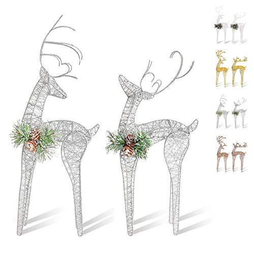 2pc Set White Pinecone Rattan Silver Thread String Christmas Reindeer Figurine Table Desk Decorations Glittering Xmas Holiday Party Supply - color: Silver