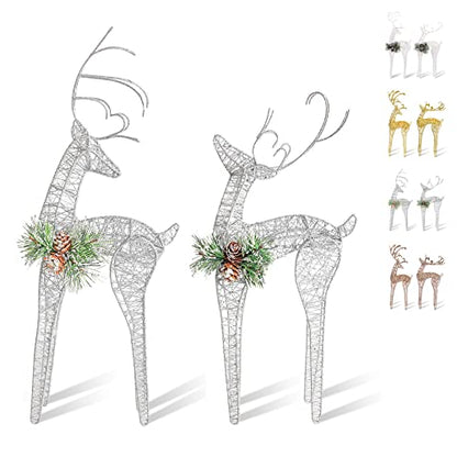 2pc Set White Pinecone Rattan Silver Thread String Christmas Reindeer Figurine Table Desk Decorations Glittering Xmas Holiday Party Supply - color: Silver