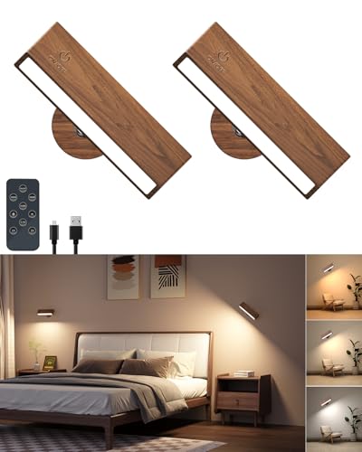 DetarZinLED Wooden Wall Sconce Battery Operated with Remote,Rechargeable Wall Lights for Bedroom with 3 Color Temperature, Magnetic, Stick-On, Dimmable Wall Reading Lights (Walnutwood, 2 Pack) - color: Brown, size: 2 Pack Remote