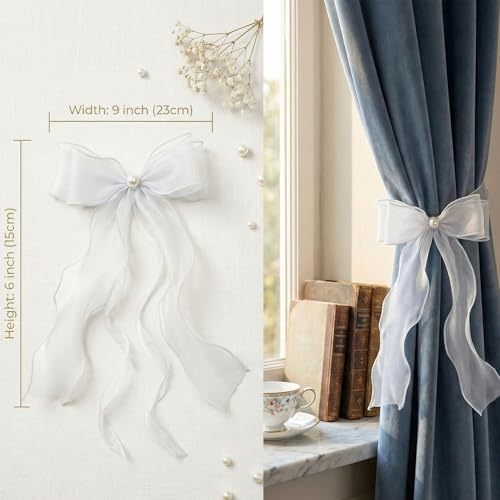 White Lace Bow Curtain Tiebacks 6-Pack, Vine Floral Curtain Holdbacks - color: Sheer White