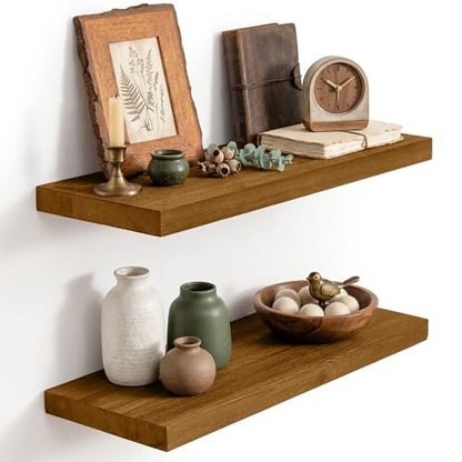 Solid Wood Floating Shelves for Wall 24 inch,Walnut Wooden Shelf Set of 2 - color: Walnut, size: 24inches-2P