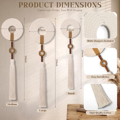 Tegeme 3 pcs Macrame Wall Hanging decor, Woven Tassel, Beige, Wood - size: Wood, style: Woven Tassel