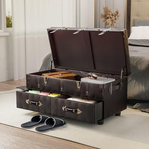 COZAYH Storage Bench, Mid-Century Faux Leather Ottoman, Bedroom, Dark Brown - color: Black Brown