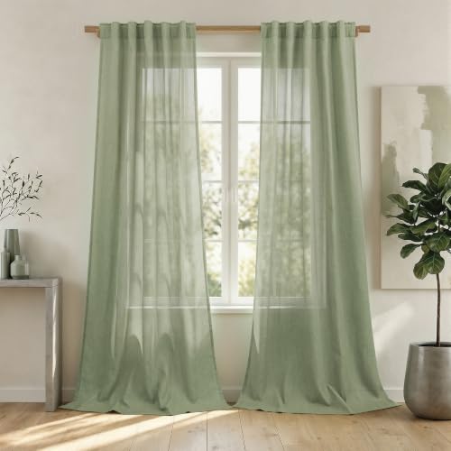 Sage Green Linen Narrow Curtains 84 Inches Long, Back Tab Cottagecore Farmhouse Transparent Semi Sheer Curtain Panels 84 Inch Length for Bedroom Living Room, Light Green, Cortinas Verdes Para Sala - color: Sage Green, size: 42"W x 84"L (Pack of 2)