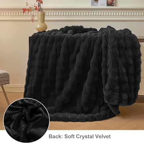 LIFEREVO Luxury Fluffy Faux Rabbit Fur Throw Blanket 60x80, Black - color: Black, size: 60" X 80"