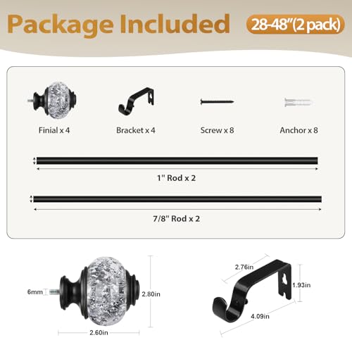 2 Pack Black Curtain Rods, 1 Inch Telescoping Drapery Rod 28 to 48 inch (2.3 to 4 ft), USFOOK Curtain Rods for Windows, Silver Translucent Finials - color: Black, size: 28-48"(2 Pack)