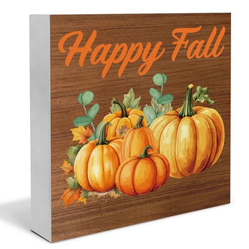 Fall Decor Autumn Pumpkins Wooden Box Sign Fall Harvest Decorations Rustic Home Desk Shelf Tabletop Decor 5 x 5 Inches - color: Multicolor Happy