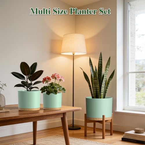 Plant Pots, 10/9/8 Inch 3 Pack Cylindrical Flower Pots with Drainage Holes and Saucers, Plastic Planters for Outdoor Indoor Plants,Green Brown - color: Green With Brown