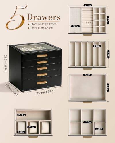 Homeanda Jewelry Boxes Organizer with Glass Lid, 5-Layer PU Leather, Black - color: Black, size: 5 Layer
