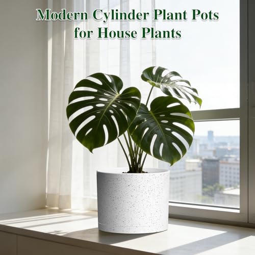 Plant Pots, 10/9/8 Inch 3 Pack Cylindrical Flower Pots with Drainage Holes and Saucers, Plastic Planters for Outdoor Indoor Plants,White with Black Speckles - color: White With Black Speckles