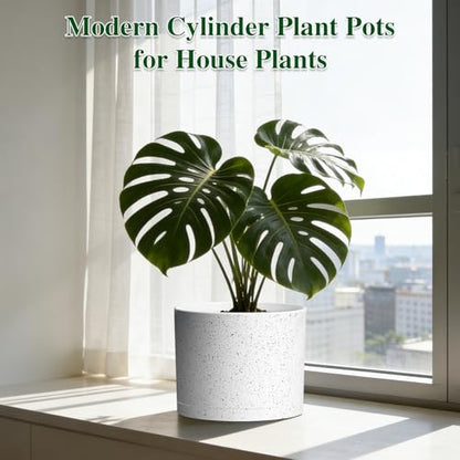 Plant Pots, 10/9/8 Inch 3 Pack Cylindrical Flower Pots with Drainage Holes and Saucers, Plastic Planters for Outdoor Indoor Plants,White with Black Speckles - color: White With Black Speckles