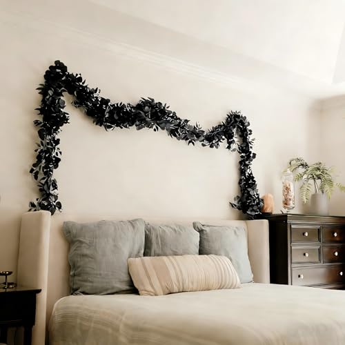 CQURE 12 Pack 84Ft Eucalyptus Garland,Artificial Eucalyptus Willow Leaves Table Greenery Garland Wreath Vines for Wedding Party Table Fireplace Bedroom Wall Room Decor - size: 84Ft-12Pack-Willow-Black